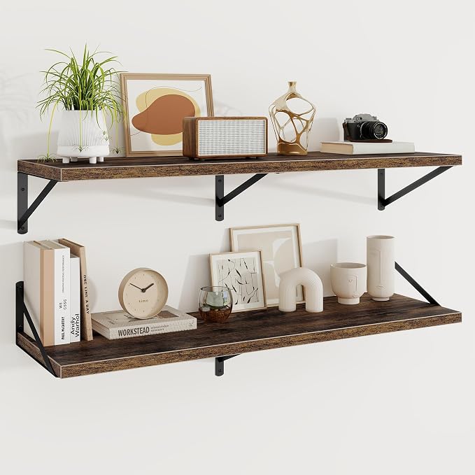 Floating Shelves 12 Inch Deep, 48W x 12D Wall Shelf Set of 2, 70 lbs Heavy Duty Reversible Metal Brackets, Industrial Book Shelf for Living Room Kitchen Bath Bedroom Coffee Bar, Rustic Brown