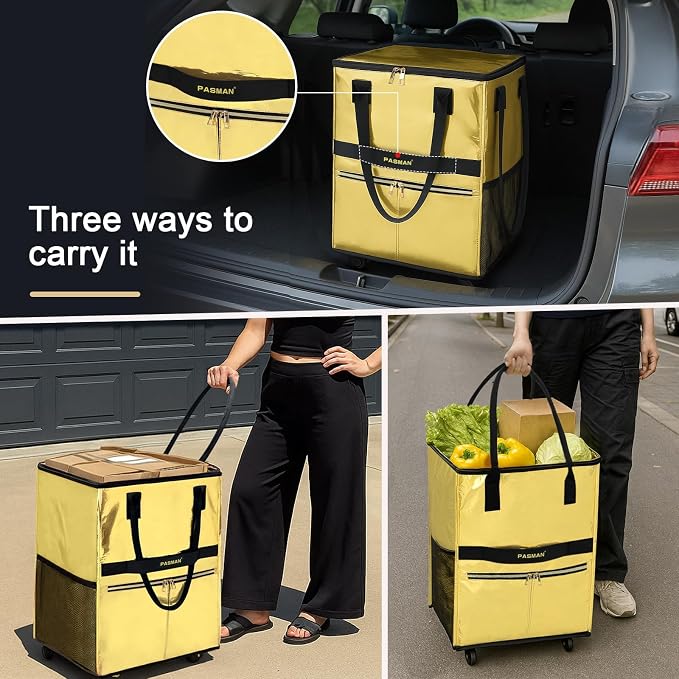 Reusable Grocery Bag on 5 Wheels, Foldable Rolling Tote Bag with Handle and Zipper Cover, 4 Pockets, Heavy Duty Shopping Cart for Laundry, Market & Travel (Gold 67L)