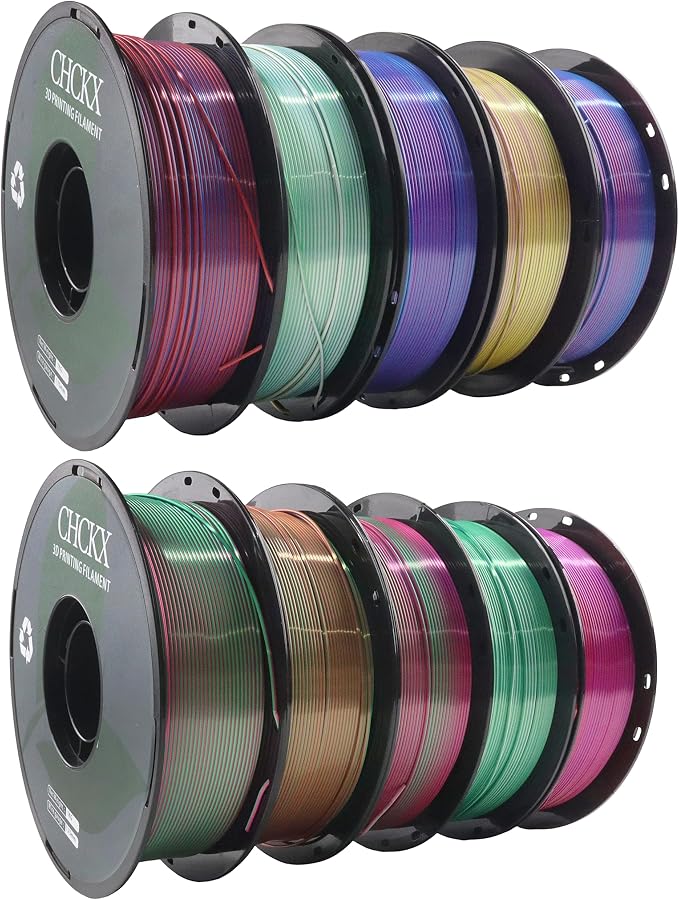 10 Pack PLA Filament Bundle, Silk Tricolor PLA Filament 10 Rolls, 1kg Spool(2.2lbs), 1.75 mm, Dimensional Accuracy +/- 0.02mm, 10 Different Triple Color