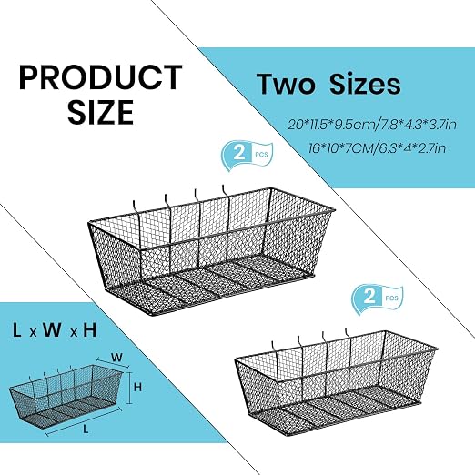 Sieral 4 Pcs Black Pegboard Baskets Metal Wire Shelf Baskets Peg Board Organizer Accessories Wall Mount Organizer Attachments for Garage Workbench Various Tool Accessories, 2 Sizes (Small, Medium)