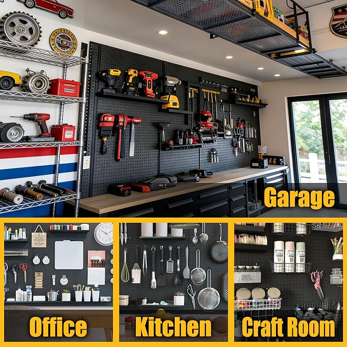 Spampur Peg Board, 8 Pack Metal Pegboard Panels with 50 Hooks, Black Pegboards Wall Organizer, Heavy Duty Peg Board for Walls Home, Garage Tool Storage, Office Organization, Craft Room, Kitchen