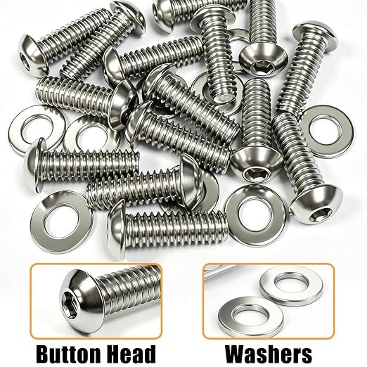 50Pcs 1/4-20 x 3/4" Button Head Socket Cap Screws, 304 Stainless Steel Bolts with Flat Washers and Hex Wrench, Fully Thread (25Set)