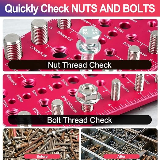 Nut and Bolt Thread Checker 32 SAE & 32 Metric Rustproof Solid Non-Deformable Thread Checker, Wall-Mountable Bolt Size Finder Tool, Bolt and Nut Sizer and 19 Drill Bit Sizes for Quick Measurement