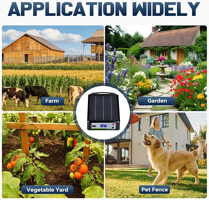 20 Miles Solar Electric Fence Charger, Adjustable Output Voltage: 6/8/10/12kV, 2J Solar Powered Electric Fence Charger Supports Battery/Solar/AC Power,Ideal for Livestock/Garden/Yard/Farm Protection