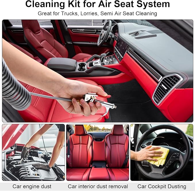 4 Set Air Blow Gun Kit with 11.5 ft Nylon Hose Heavy Duty Truck Air Seat Blow Gun Kit with 2 Interchangeable Nozzle Tips for Semi Truck 1/4 Inch Npt for Tractor Dust Clean(Gray,Brass)