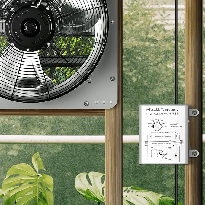 iPower 12 Inch Wall Mounted Shutter Exhaust Fan with Temperature Controller and Power Cord Kit, Aluminum, 1600 RPM, 940 CFM, for Attic, Garage, Louvered Vent, Plant, Greenhouse, Silver