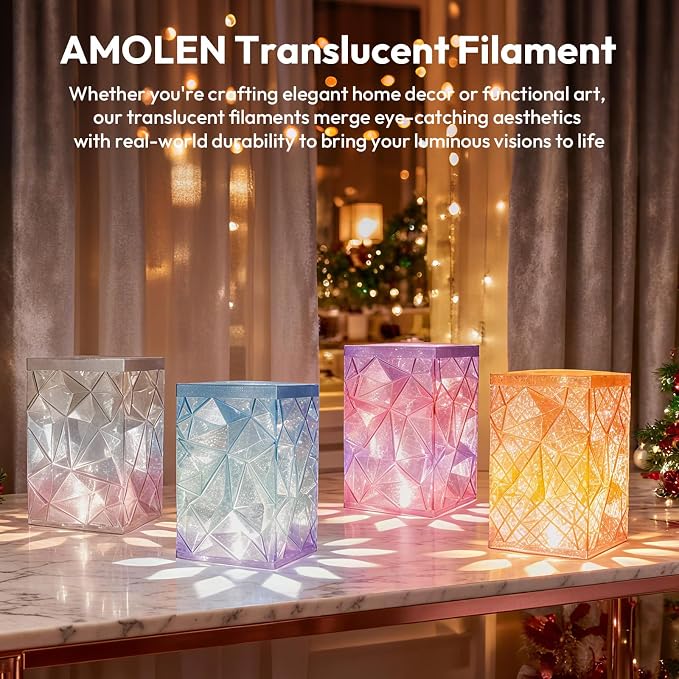 AMOLEN Transparent PLA Filament Bundle Multicolor, Translucent PLA 3D Printer Filament 1.75mm ±0.02mm, NO-Tangle & Low Warping, Dimensional Accuracy +/- 0.02 mm, Fits Most FDM 3D Printers, 200x4 Pack