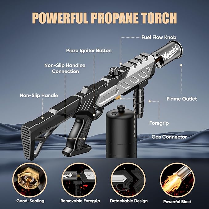 KOACKL Heavy-Duty Propane Torch Gun - 25.8" Detachable Flame Thrower Gun with Piezo Ignition, Adjustable 2462°F Weed Torch Burner for Campfire, Ice Melting, Roofing, Wood Scorching & Weed Burning