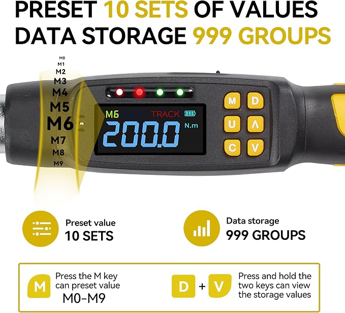 1/2" Drive Digital Torque Wrench, 4.4-147.5 ft-lb, SAE and Metric | ±2% Accuracy Electronic Torque Wrench with 72-Tooth Ratchet, Buzzer and LED Indicator, for Automotive, Car, Motorcycle