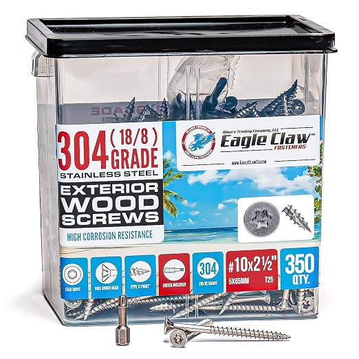 #10 x 2 1/2 Inch Stainless Steel Deck Screws | 304 Grade (350 Pack) | Flat Head T25 Star Torx Drive | Stainless Steel Screws by Eagle Claw Fasteners | Corrosion & Rust Resistant (Includes Driver Bit)