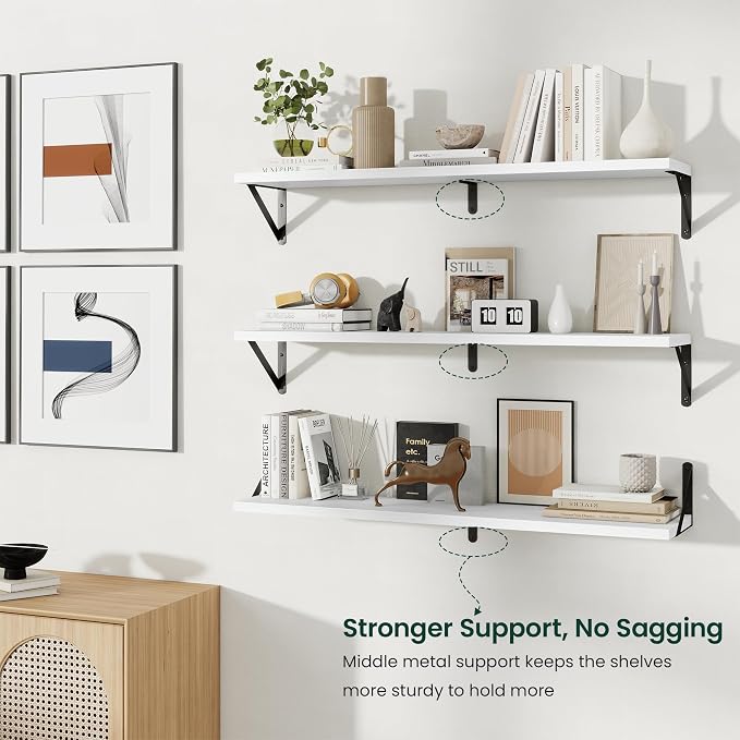 Floating Shelves 8 Inch Deep, 36W x 8D Wall Shelf Set of 2, 60 lbs Heavy Duty Reversible Metal Brackets, Industrial Book Shelf for Living Room Kitchen Bathroom Bedroom Gallery Wall, White