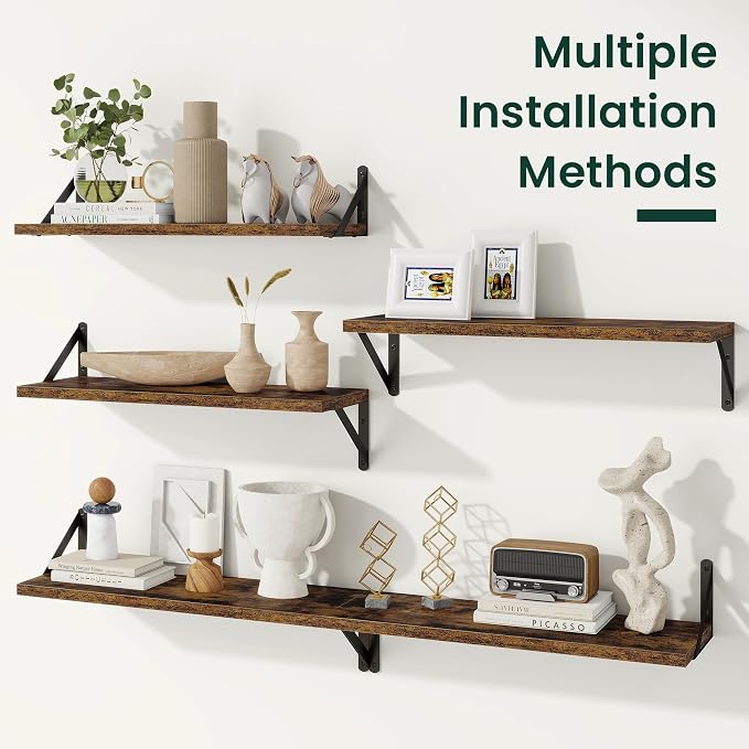 Floating Shelves 8 Inch Deep, 48W x 8D Wall Shelf Set of 2, 70 lbs Heavy Duty Reversible Metal Brackets, Industrial Book Shelf for Living Room Kitchen Bath Bedroom Gallery Wall, Rustic Brown