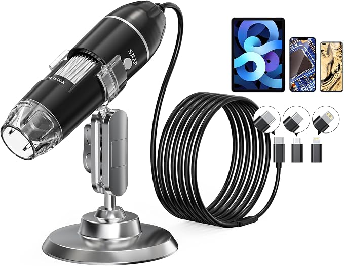 USB Digital Microscope, 50x-1600x Magnification Handheld, 1920P HD 8 LED Lights, Portable Pocket Microscope, Compatible with iOS and Android Devices, +2MP Magnifier Camera, No PC Support (with Stand)