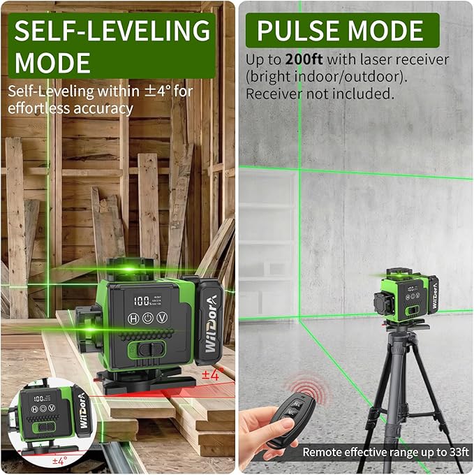 Laser Level 360 Self Leveling with Tripod, Remote Control 4D Green 16 Line Laser Leveler Tool with 2x4800mAh Li-ion Batteries & Hard Carry Case, Laser Level for Construction & Renovation