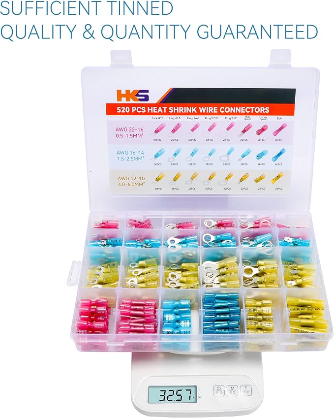 HKS 520PCS Heat Shrink Wire Connectors Kit 12-10 16-14 22-16 AWG - Tinned Red Copper - Ring Fork Spade Butt Splice Terminal (3Colors/21Size) - Marine Automotive Electrical Waterproof Insulated Crimp