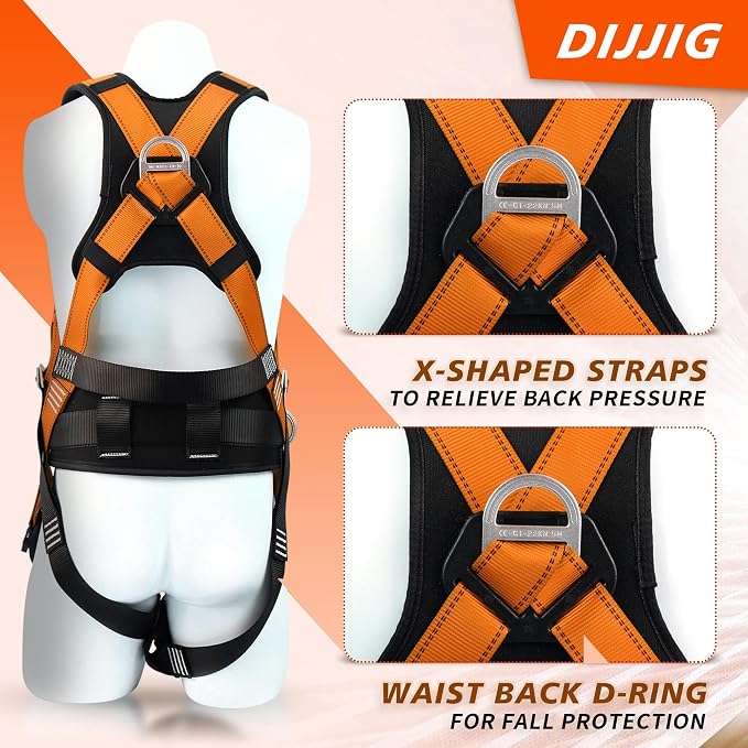 Safety Harness Fall Protection Kit with Shock Absorbing Lanyard & Suspension Trauma Safety Straps Upgrade Quick Buckles, Roofing Harness Construction Harness Para Construccion ANSI Compliant Orange