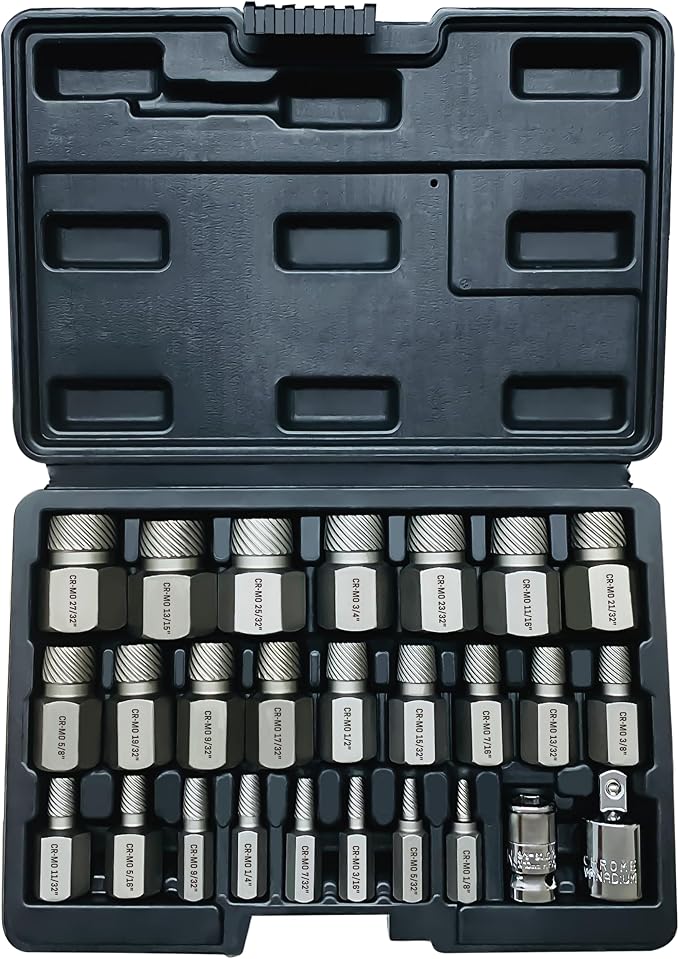 26PCS CR-MO Screw Extractor Set,Hex-Head Multi-Spline Screw Easy-out Screw Extraction Set 3/8" Inch Drive Hex-Head, Broken Bolt Remover, Stripped Fastener Tool for Stripped, Rounded, Damaged
