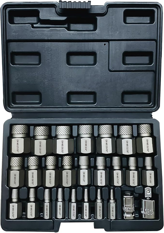 26PCS CR-MO Screw Extractor Set,Hex-Head Multi-Spline Screw Easy-out Screw Extraction Set 3/8" Inch Drive Hex-Head, Broken Bolt Remover, Stripped Fastener Tool for Stripped, Rounded, Damaged