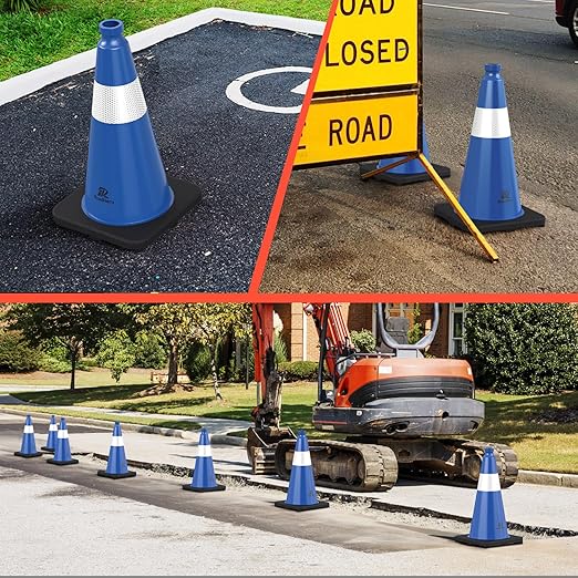 RoadHero 8 Pack Traffic Safety Cones 18 Inch with Black Weighted Base, Plastic PVC Blue Traffic Cone with Reflective Collar for Parking Lot, Construction Events, Road Safety