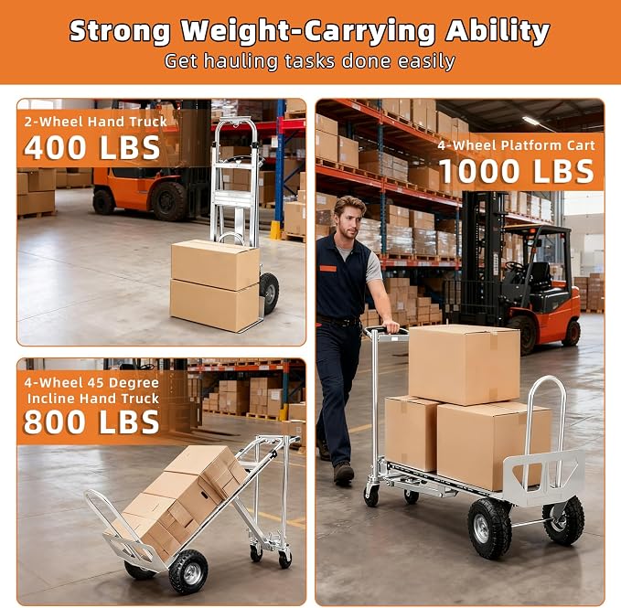 Aluminum 4 in 1 Convertible Hand Truck Dolly, 1000Lbs Capacity, Heavy Duty Folding Hand Truck Dolly Cart with Wheels 10" All-Terrain Tires, Hand Trucks for Logistics, Home, Office, School, Silver