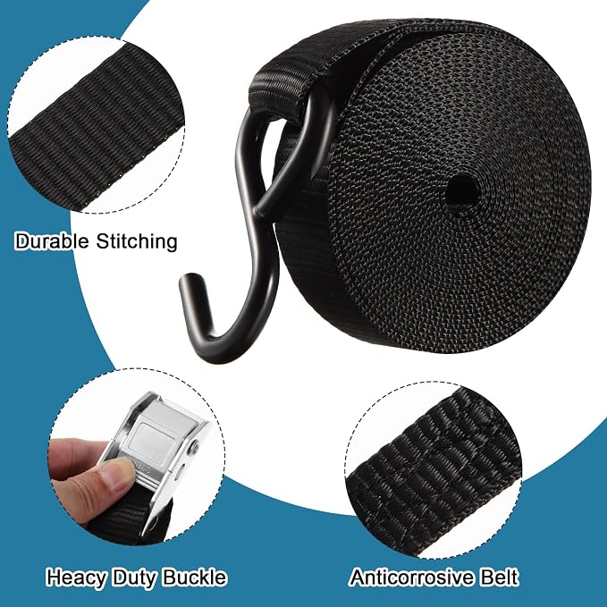 Riakrum 24 Pcs Cambuckle Tie Down Straps 1763lbs Break Strength Securing Straps 1'' x 15 ft Cambuckle Tie Downs with S Hook for Motorcycle, Kayak, Car, Truck, Boat Moving, Securing Cargo (Black)