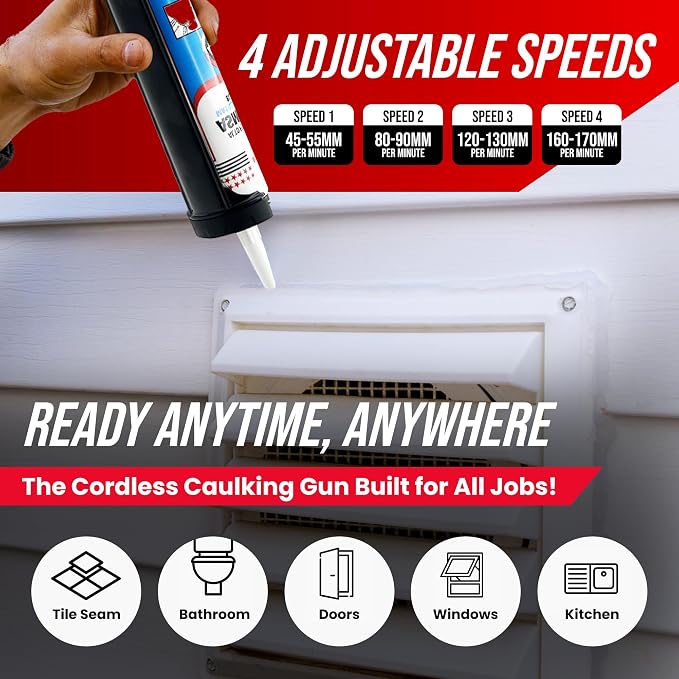 PROMAKER Cordless Caulking Gun, 21V Caulk gun w/ 2 Batteries, LED Light, Adjustable Speed, 3 Nozzle Adapters, 5 Knife Heads, 10 Oz Capacity, 550Lb Pushing Force, Caulk Tool Trowel & Scraper