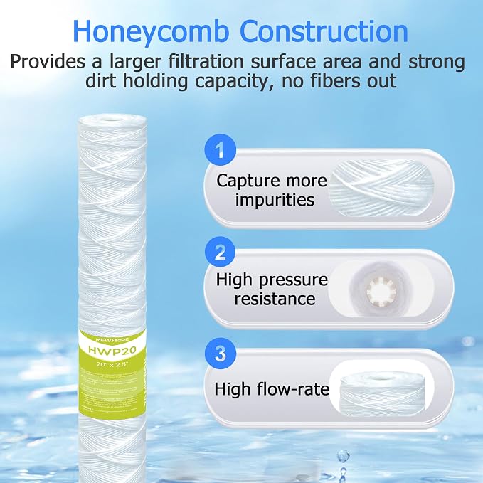 20 Micron Whole House Water Filter Cartridge, String Wound Sediment Filters for Well Water, Universal Replacement for Any 20 inch Silm Housings - 20" x 2.5" Cartridges - Pack of 6