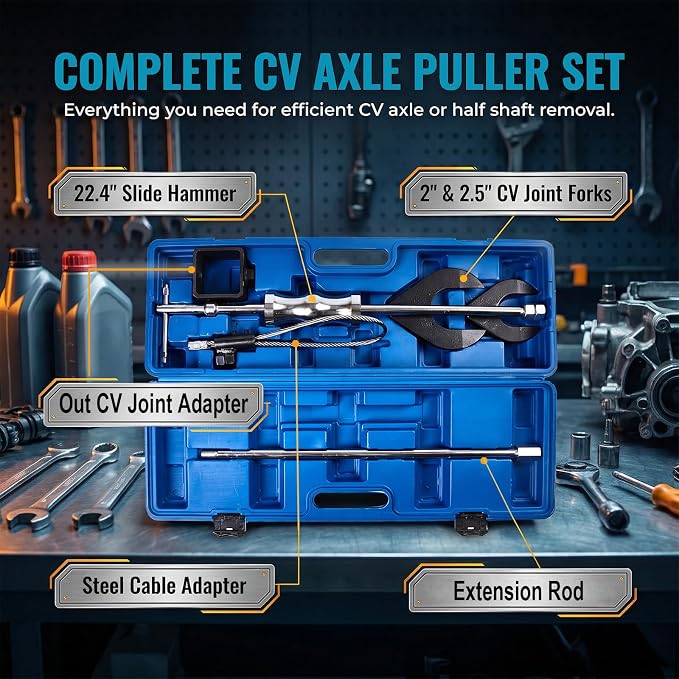 Heavy Duty Inner CV Joint Puller Slide Hammer Set, Front Wheel Drive Axle Half Shaft Removal Tool Kit with 63mm & 48mm CV Joint Fork Adapters, A Reinforced Cable Adapter, And External CV Joint Puller