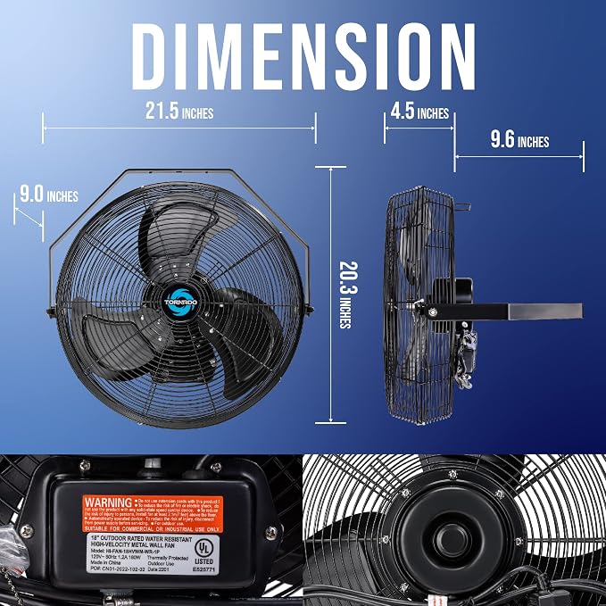 Tornado 18 Inch Outdoor IPX4 Water-Resistant High Velocity Metal Industrial Wall Mount Fan For Commercial, Industrial, Residential, Greenhouse Use 3 Speed 1/6 HP 6.6 FT Cord UL Safety Listed