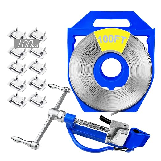 VerRich Steel Banding Strapping Kit-Screw-Type Tensioner & Cutting Tool, 3/4" * 100Ft S304 Banding Coil, 100pcs Buckles,Banding Tool for High Tensile Packing