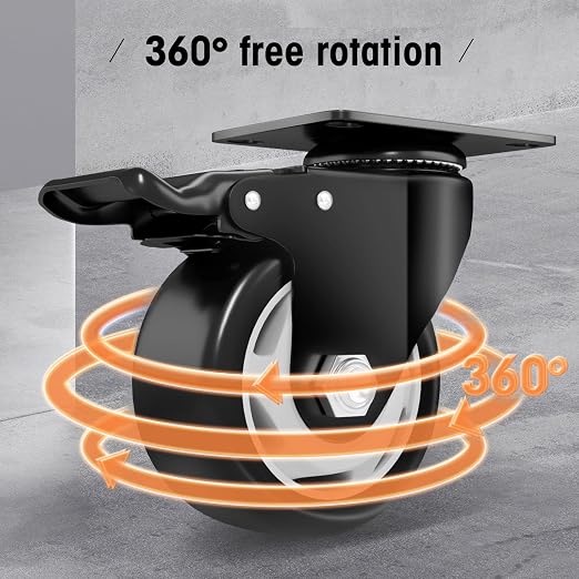 Casters, 3" Caster Wheels，Casters Set of 8 Heavy Duty - ASRINIEY Black Polyurethane Castors, Top Plate Swivel Wheels, 8-Pack Industrial Casters with Brake, Locking Casters for Furniture and Workbench