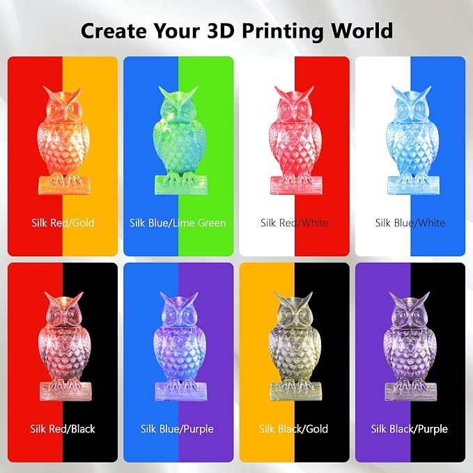 Silk PLA 2 Color in 1 Coextrusion 3D Printer Filament Bundle: White/Red, White/Blue, Blue/Purple, Lime GreenBlue, RedGold, RedBlack, GoldBlack, PurpleBlack, 2Kg Dual Color Silk PLA, 250g x 8
