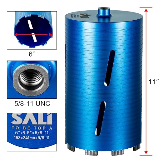 SALI Diamond Core Drill Bits 6" Diameter 10"/254mm Drilling Depth 5/8-11" Thread Core Bit Turbo Laser-Welded Segments for Cured Concrete with, Brick, Block, Masonry, with Two Adapters