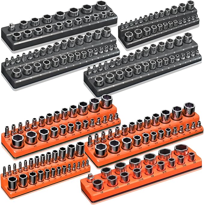 Magnetic Socket Organizer Holder Set – 8-Piece Tool Organizers Including 1/4", 3/8" and 1/2" Drive Socket Holder Metric & SAE 207 Pieces Socket Trays (Sockets are not Included)