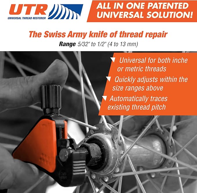 UTR - Universal Thread Restorer. External Thread Repair Tool. Easily Replaces hundreds of Dies. Automatically chases threads within range 5/32" - 1/2",4-13 mm. All In One Patented Universal Solution!
