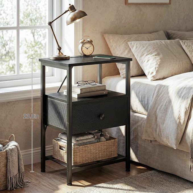 LOAKEKEL Night Stand, Nightstand with Charging Station, Slim Industrial Bedside Table with Fabric Drawer, Small End Table with USB & Type-C Ports for Bedroom, Black, HETS010BK-1