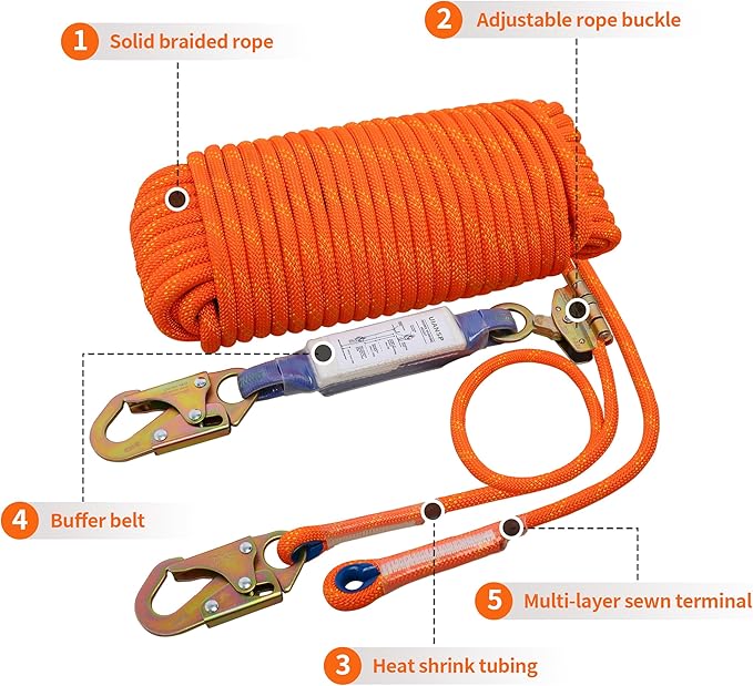 Fall Protection Safety Rope 25ft Heavy Duty Vertical Roofing Grab Snap Hook Shock Absorber Fall Protection Line Kit Restraint System Roofing Safety Equipment(25FT)