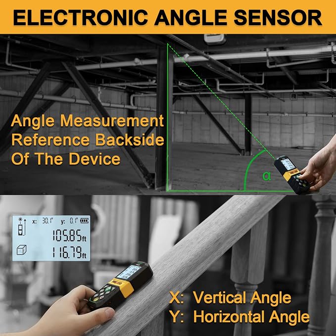 PREXISO Laser Measure Rechargeable, 265Ft Green Beam Laser Measurement Tool with Angle Sensor& 30 Sets Data Storage &1/4"-20 Threaded Hole - Ft/Ft+in/in/M Units - Pythagorean Mode, Area, Volume