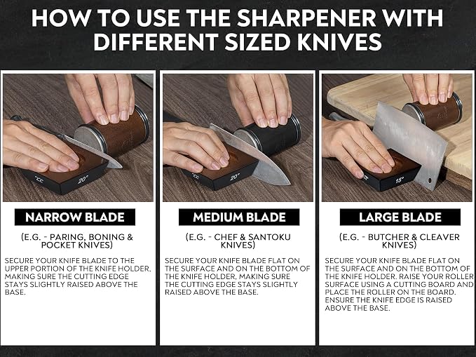 Rolling Knife Sharpener with Leather Strop and 15, 17, 20 & 22 Degree Angles - Knife Sharpener Kit - Roller Knife Sharpening System with Stand, Holder & Eraser - Walnut Brown