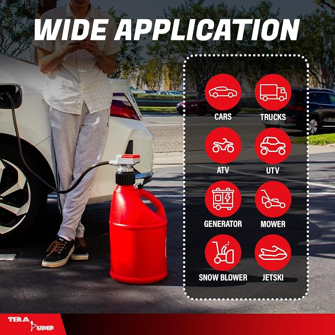 TERA PUMP 2nd Gen Gas Can Fuel Transfer Pump, Auto-Stop | Universal Spout Replacement, XL Intake Hose, For Gasoline, Diesel & Kerosene