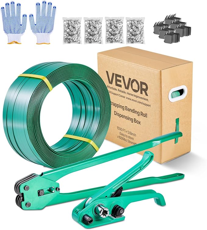 VEVOR Banding Strapping Kit, Heavy Duty Banding Sealer Tool with 1500 ft PET Band, 450 Metal Seals, 150 Corner Protectors & Gloves, Plastic Pallet Packaging Strapping Kit for Warehouse/Shipping/Moving