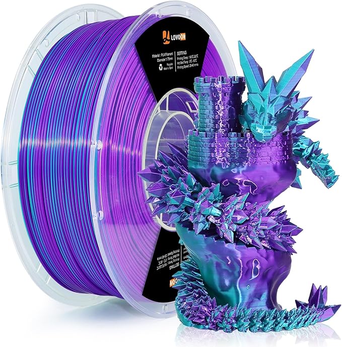 LOVOON 3D Printing Filament PLA Silk Multicolor PLA Filament 1.75mm DualColor Change by Angle Filament Fit Most 3D Printer& 3D Pen,Silk Teal/Dark Violet(Blue/Purple), 1KG(2.2lbs)/Spool