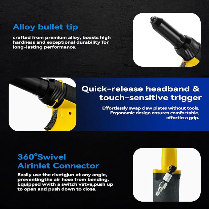 Pneumatic Rivet Gun Kit, Air Riveter Tool with 4 Nozzles (3/32"-3/16"), Switch-Type Interface, Self-Suction Design for Auto Repair & Metal Work