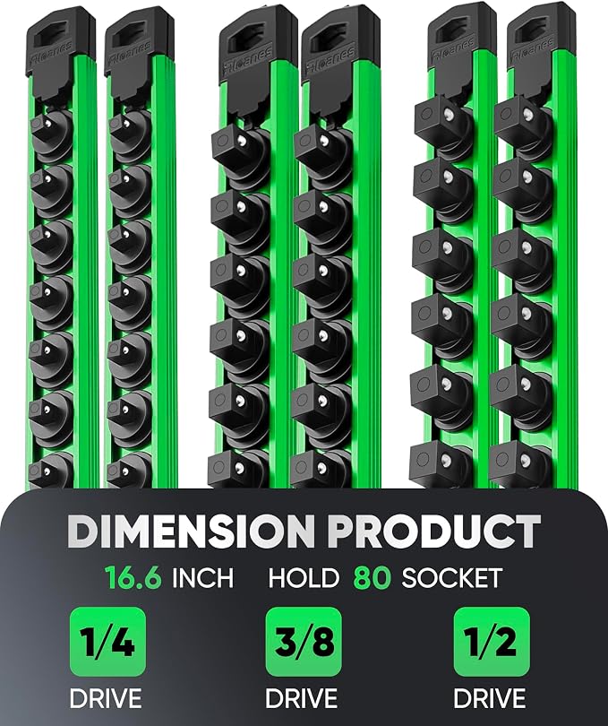 ALOANES Magnetic Socket Organizer Set, 6PC Heavy Duty Aluminum Socket Holder Organizer, 360° Swivel Clips Socket Holder Kit for Toolbox Drawer Fit 1/2, 3/8, 1/4-Inch x 80 Clips (Green, 6PC)