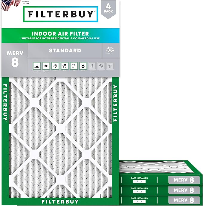 Filterbuy 20x32x1 Air Filter MERV 8 Essential Dust & Allergy Defense (4-Pack), Electrostatic Pleated HVAC AC Furnace Filters Replacement, Made in USA (Actual Size: 20.00 x 32.00 x 0.75)