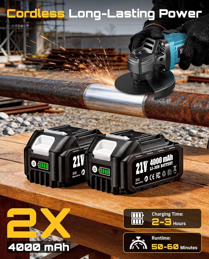 SEESII Cordless Angle Grinder 4-1/2 Inch, 21V Brushless Battery Grinder Tool with 2X 4.0Ah Batteries, 10000RPM for Metal Cutting, Grinding, Polishing, Rust Removal (Blue)