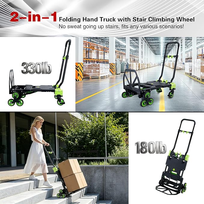 2-in-1Folding Hand Truck with Stair Wheels,330LB Portable Hand Truck Foldable Dolly for Stairs,Stair Climbing Dolly with Telescoping Handle for Supermarket,Home,Warehouse(Green)