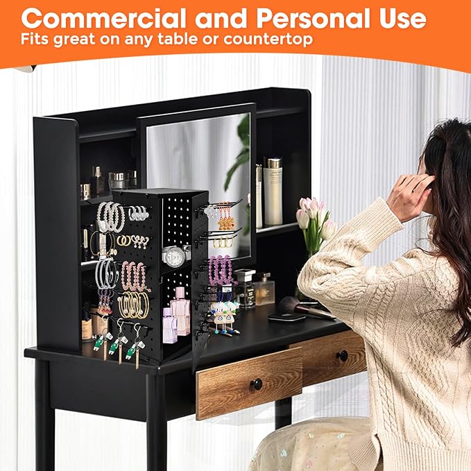 360° Rotating Pegboard Display Stand with 60 Hooks & Inner Storage Compartments - Metal Peg Board Keychain Jewelry Display Stand for Vendors, Retail, Craft Shows (Black)