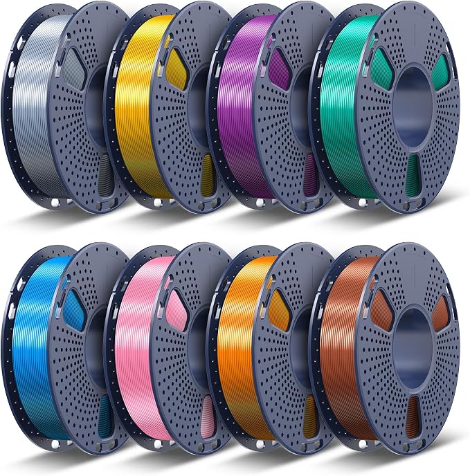 TECBEARS Silk Filament 1.75, Shiny Silk PLA Filament, 3D Printer Filament with Smooth Silky Surface, 250G Spool, 8 Rolls, Gold+Silver+Purple+Green+Blue+Pink+Orange+Red Copper