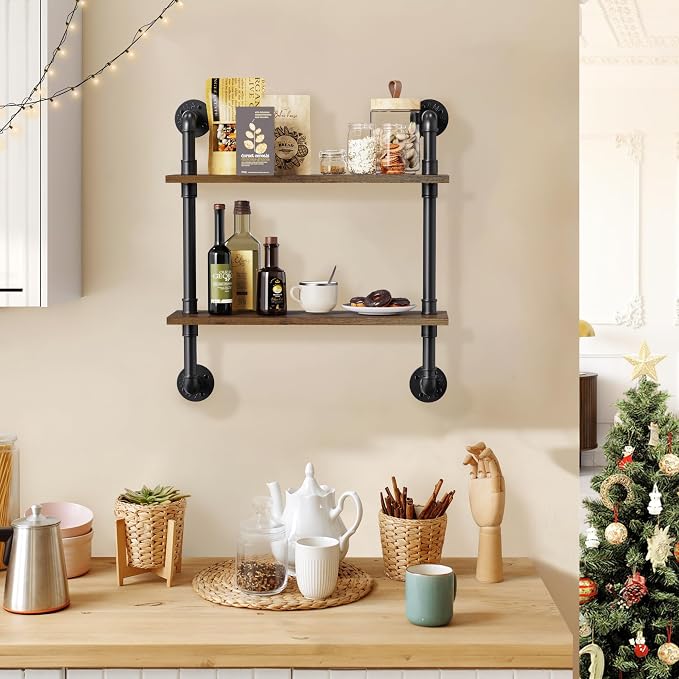 Merapi 24" Industrial Pipe Shelves Wall Mounted, 2 Tier Rustic Floating Shelves for Wall, Kitchen Storage Shelves, Coffee Bar Shelf Organizer, Bathroom Wall Shelves, Living Room Wall Decor